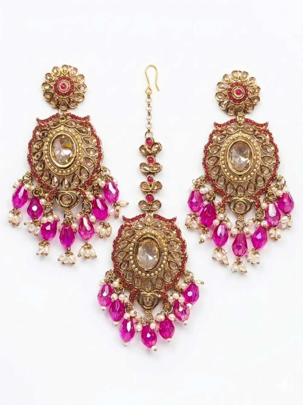 Gold and Pink Kundan Bridal Jewelry Set with Maang Tikka